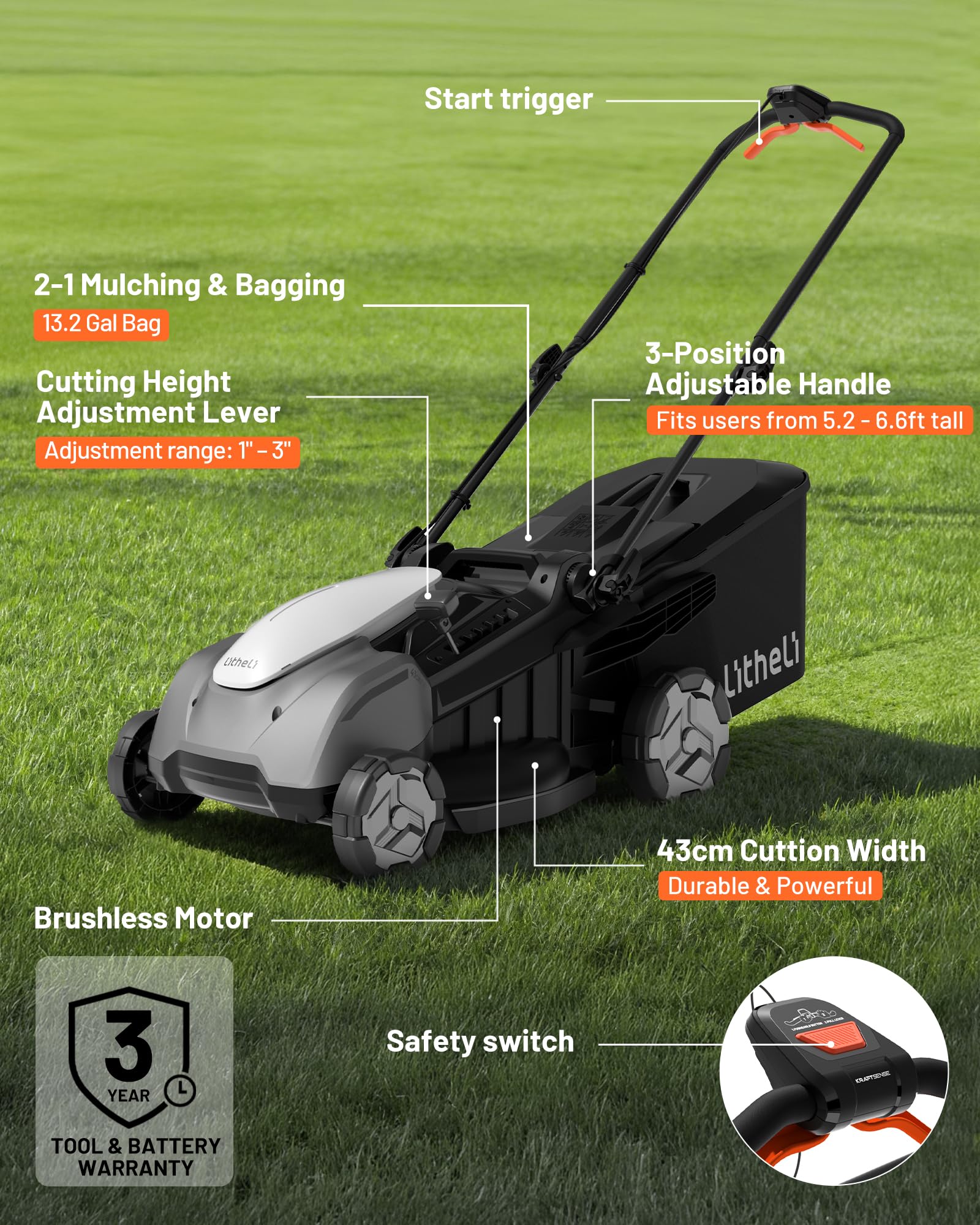 Litheli 40V 18" Cordless Lawn Mower, Brushless Motor, Electric Mower Battery Powered(2 x 5.0Ah Batteries), 2-in-1 Mulching & Bagging, for Small to Medium Yards