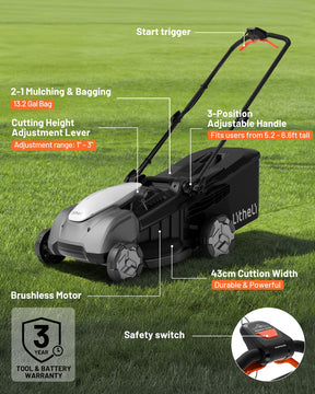 Litheli 40V 18" Cordless Lawn Mower, Brushless Motor, Electric Mower Battery Powered(2 x 5.0Ah Batteries), 2-in-1 Mulching & Bagging, for Small to Medium Yards