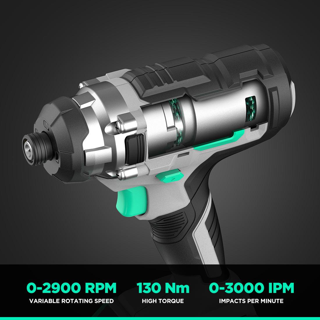 Variable rotating speed: 0-2900 RPM. High torque: 130 Nm. Impacts per minute: 0-3000 IPM. Powerful and upgraded motor delivers strong torque up to 1150 in-lbs (130 Nm / 96 ft-lbs, seeing dramatic increase in its power output and energy efficiency, with extra smoothness that you can enjoy from every bit of torque.