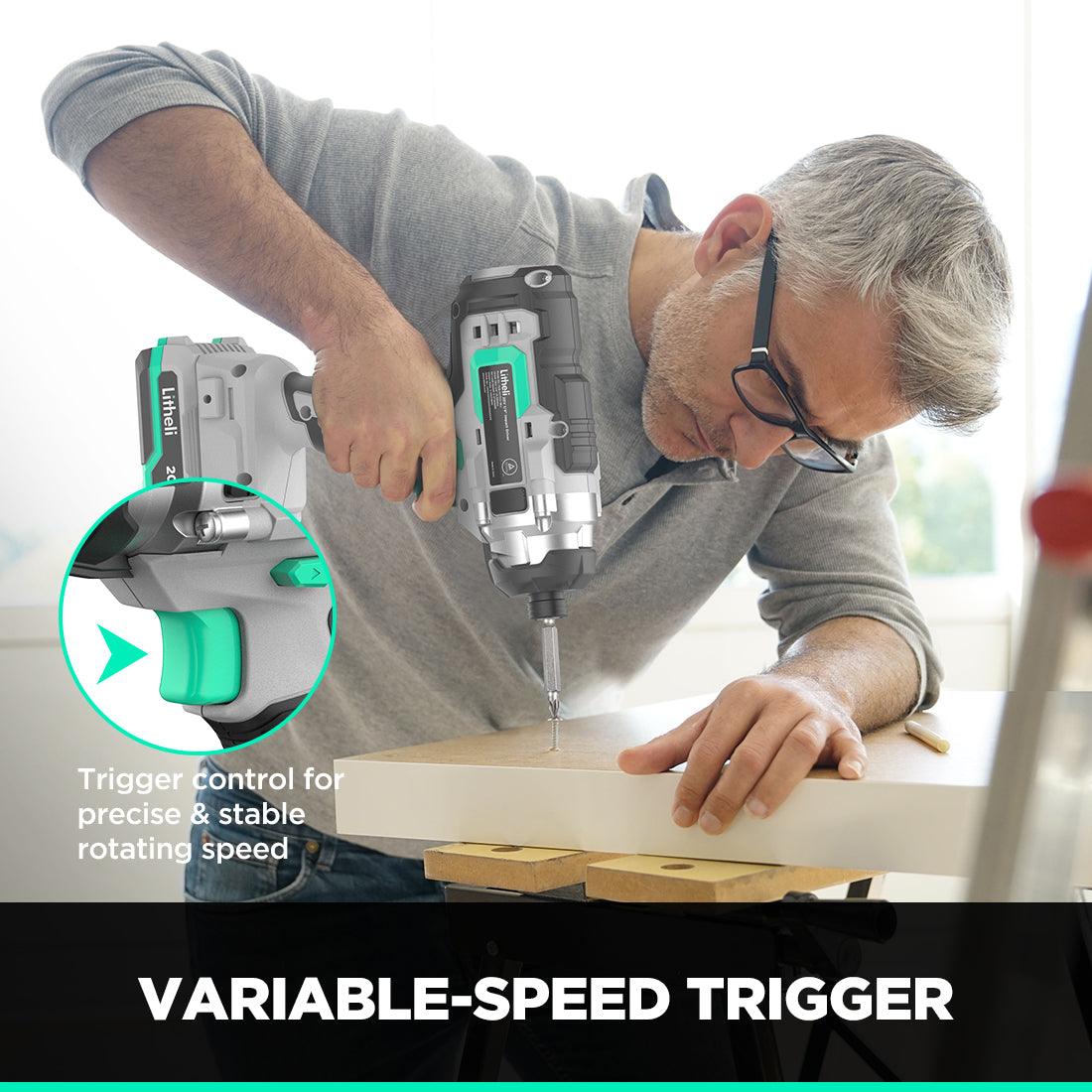 Variable-speed trigger. Trigger control for precise & stable rotating speed. With a simple trigger pull, the bits can easily reach any impact up to 3000 IPM to suit different jobs, and reach any speed from 0 to 2900 revolutions/min to suit different screws/bolts/nuts.