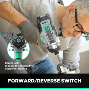 Forward/reverse switch. Center lock reduces the possibility of accidental starting. Adjust the forward/reverse switch to change the rotation direction, and lock the tool by sliding the switch into the central position.